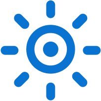Symbol shaped like a blue sun, with a blue dot in the middle.