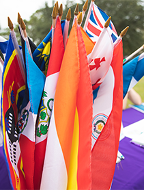 A bundle of small flags from multiple countries.