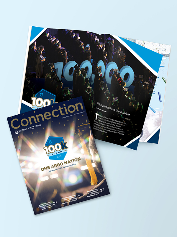 A spread of the spring 2024 edition of the Connection alumni and friends magazine celebrating 100k alumni