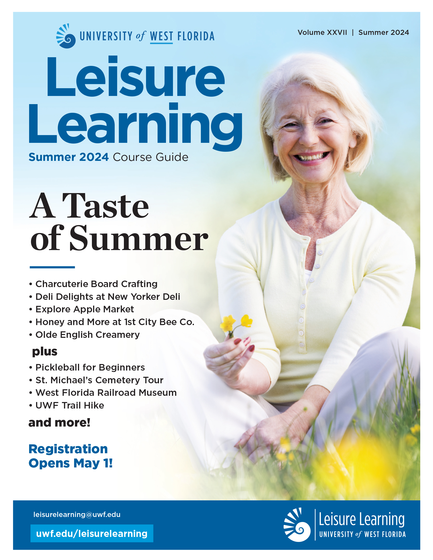 Summer 2024 Leisure Learning Catalog cover with mature women holding flowers in a field