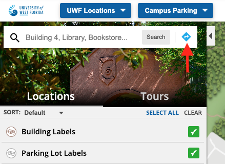 Arrow pointing to Wayfinding button on the UWF campus map on desktop