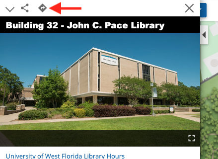 Arrow pointing to Wayfinding button on the UWF campus map on desktop