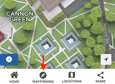 Arrow pointing to Wayfinding button on the UWF campus map on mobile device