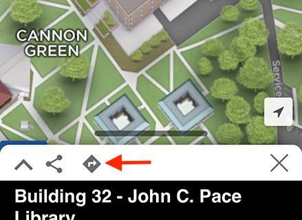 Arrow pointing to Wayfinding button on the UWF campus map on mobile device