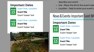 Manual events feed screenshot for the CMS guide of the feed appearing in a left column as well as main page content
