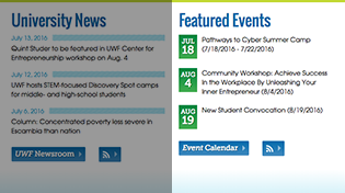 Events RSS feed screenshot from the UWF homepage