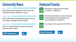RSS news feed and event feed screenshot from the UWF homepage