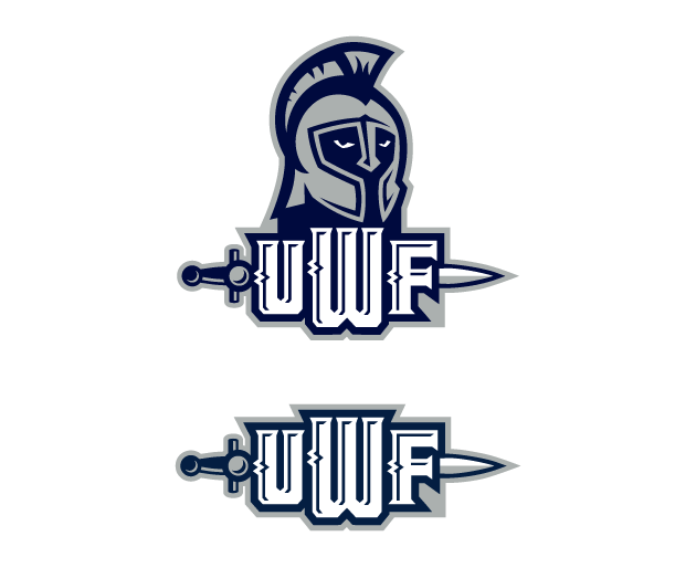 Helmet of UWF mascot Argie the Argonaut on top of UWF with a sword through the middle. The UWF with a sword through the middle repeats again.