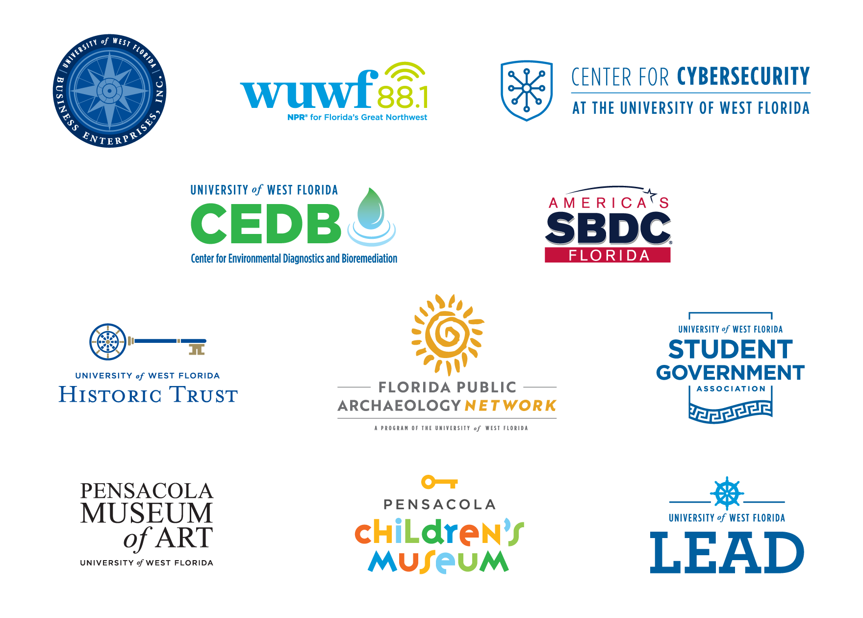 Logos of the UWF sub-brands - Business Enterprises, Inc., WUWF Public Media, Center for Cybersecurity, Center for Environmental Diagnostics and Bioremediation, Florida SBDC Network, Historic Trust, Florida Public Archaeology Network, Student Government Association, Pensacola Museum of Art, Pensacola Children’s Museum, and LEAD.