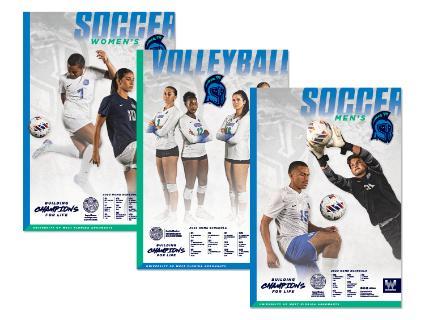 UWF 2025 soccer and volleyball season schedule posters.