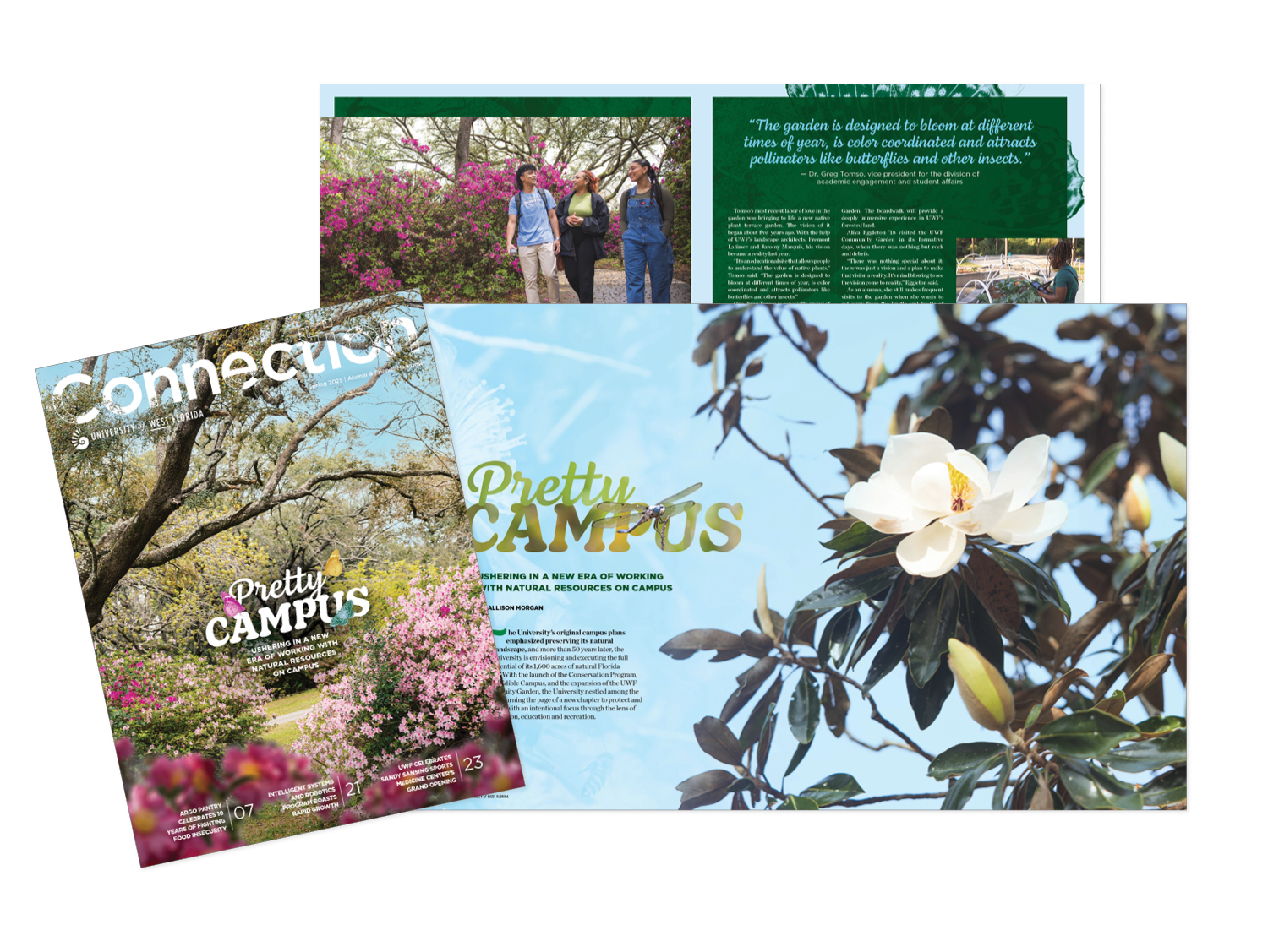 UWF Spring 2025 Connection magazine cover and feature spread.