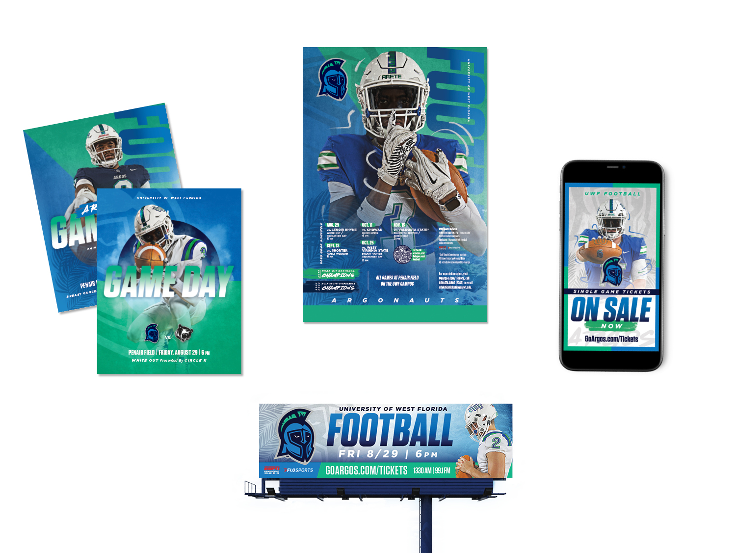 UWF 2025 football season promotion graphics, posters, and billboard.
