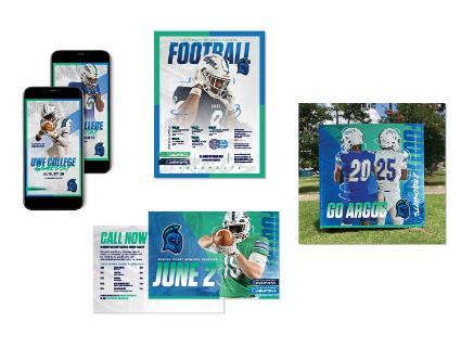 UWF 2025 football season promotion graphics, posters, and cube display.