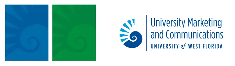 Blue and green nautilus shell patterns and University Marketing and Communications logo signature.