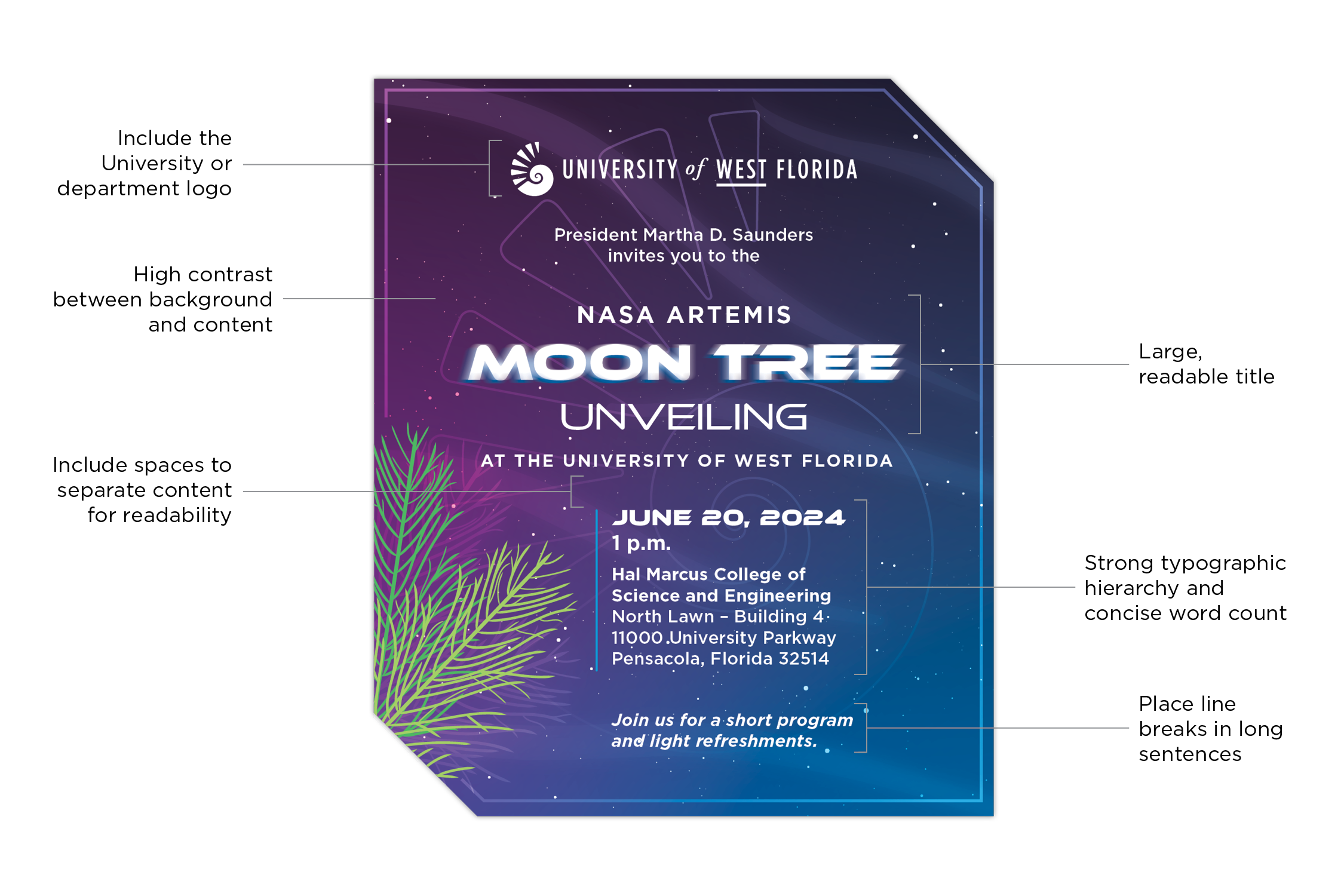 Evite graphic for UWF President Saunders inviting guests to attend the NASA Artemis Moon Tree unveiling event on June 20, 2024, at 1 p.m. in front of Building 4 on the UWF Pensacola campus.