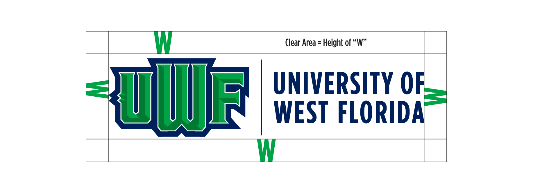 University of West Florida logo with clear area visualized with four W letters around the logo with one W on each side.
