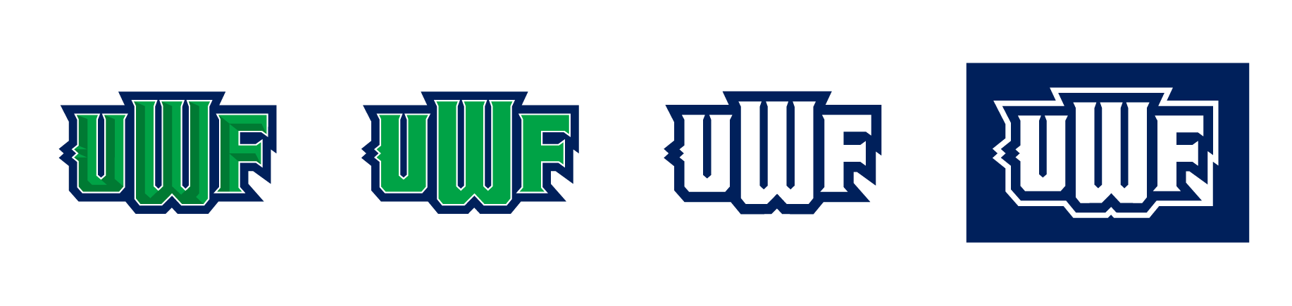University of West Florida logo in four colors versions - four color, three color, one color, and white.