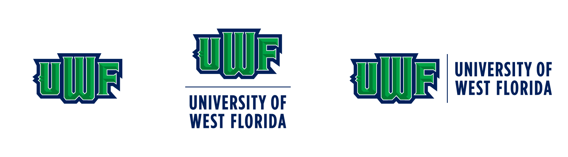 University of West Florida primary logo versions - primary lettermark, primary vertical, and primary horizontal.