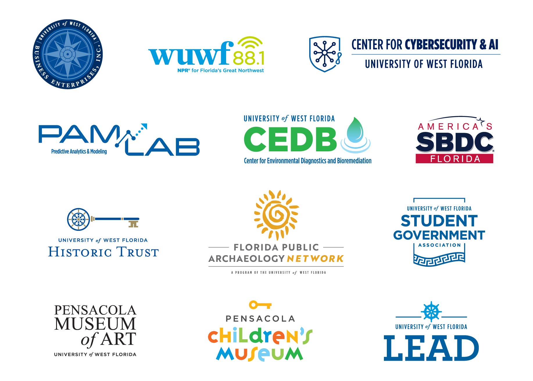 Logos of the UWF sub-brands - Business Enterprises Inc., WUWF Public Media, Center for Cybersecurity and AI, PAM Lab, Center for Environmental Diagnostics and Bioremediation, Florida SBDC Network, Historic Trust, Florida Public Archaeology Network, Student Government Association, Pensacola Museum of Art, Pensacola Children’s Museum, and LEAD.