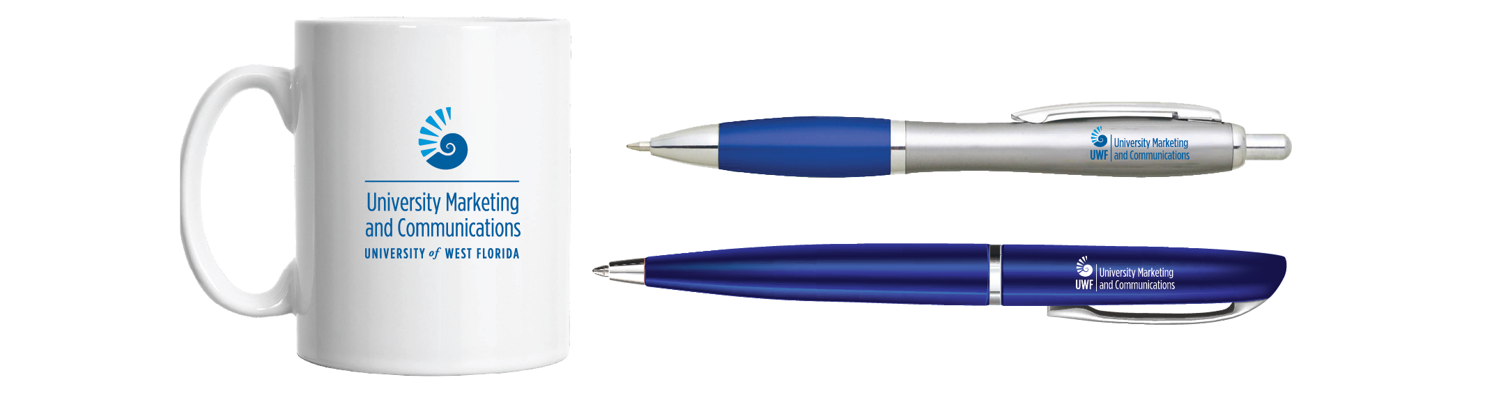 Example of UWF branded promotional coffee mug and pens.
