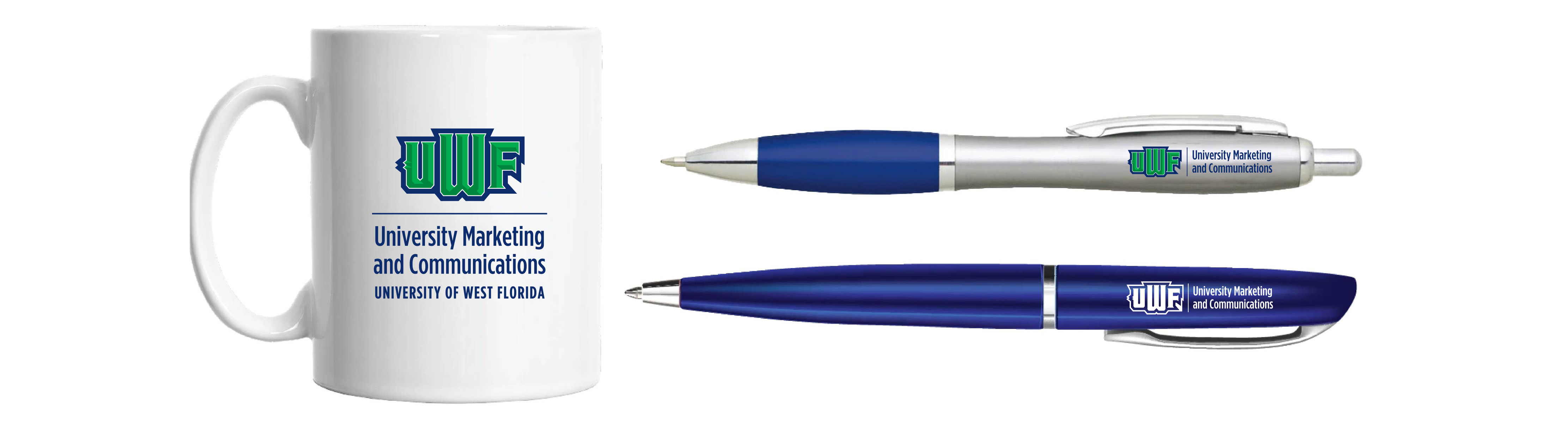 UWF University Marketing and Communications branded coffee mug and pens.