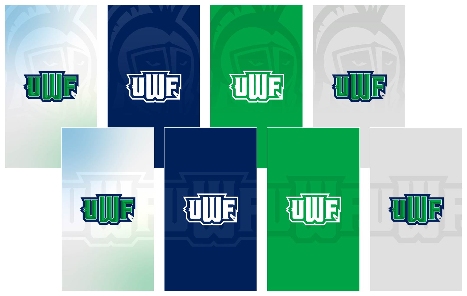 Eight examples of UWF lettermark logo treatments for social media animated backgrounds arranged in two rows of four and featuring different UWF color variations and background colors. The top row uses the Argie the Argonaut helmet logo as a background graphic while the bottom row uses the UWF lettermark logo.