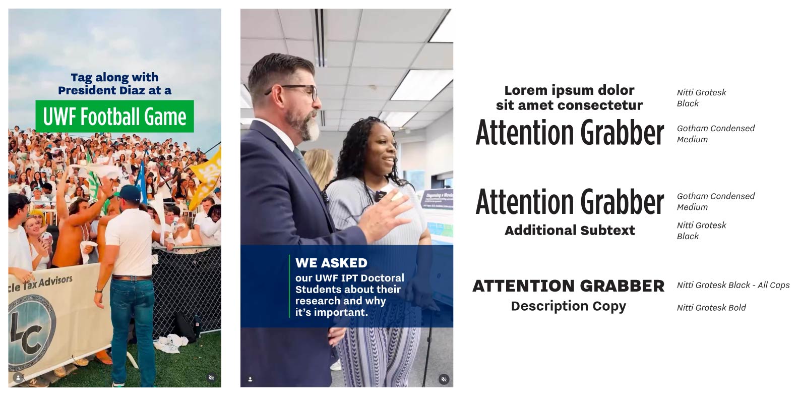 Three-panel graphic demonstrating font pairings in social media videos, with examples featuring President Diaz at a football game, an interview about doctoral student research, and typography styles and placements.
