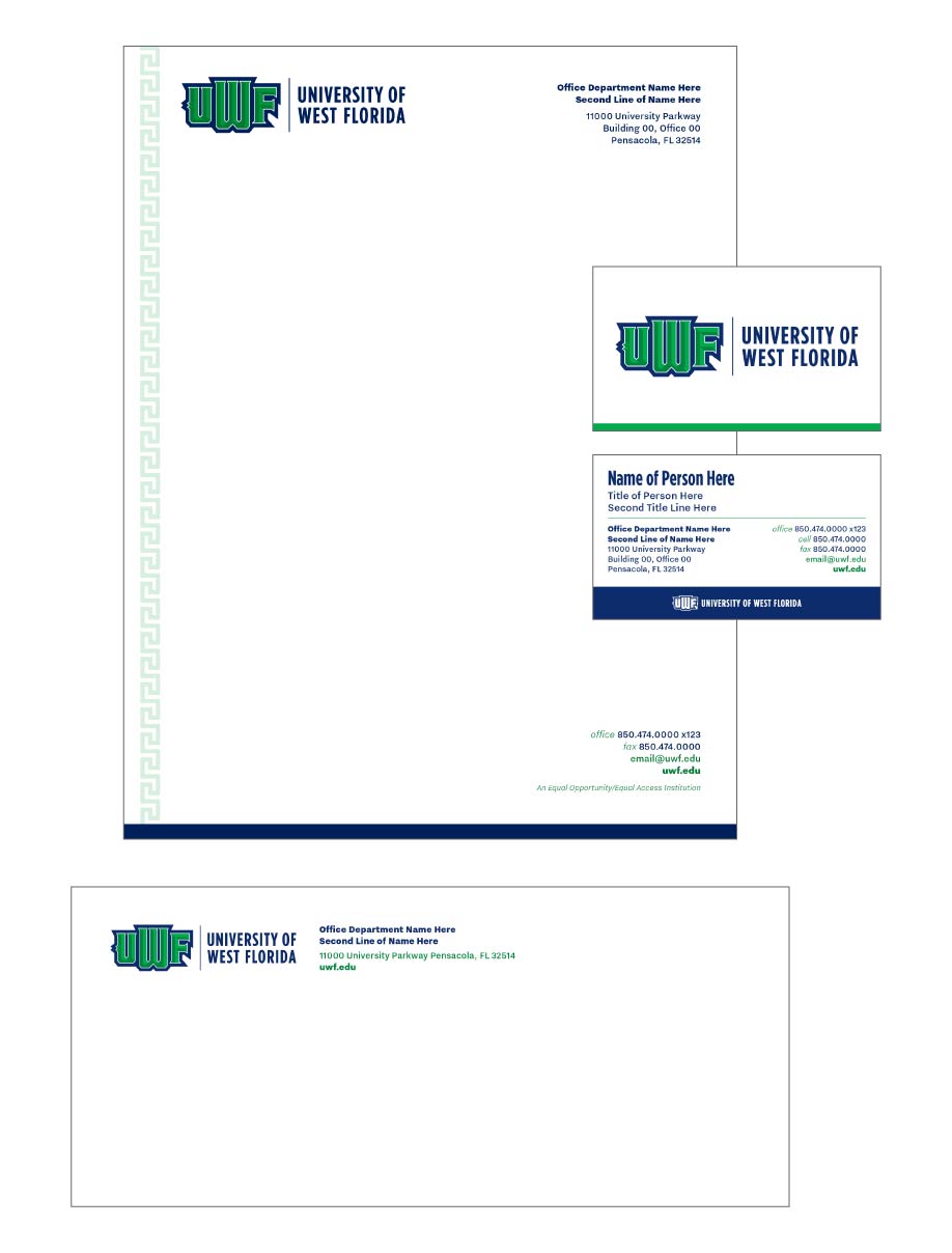 UWF branded letterhead, business card, and envelope.