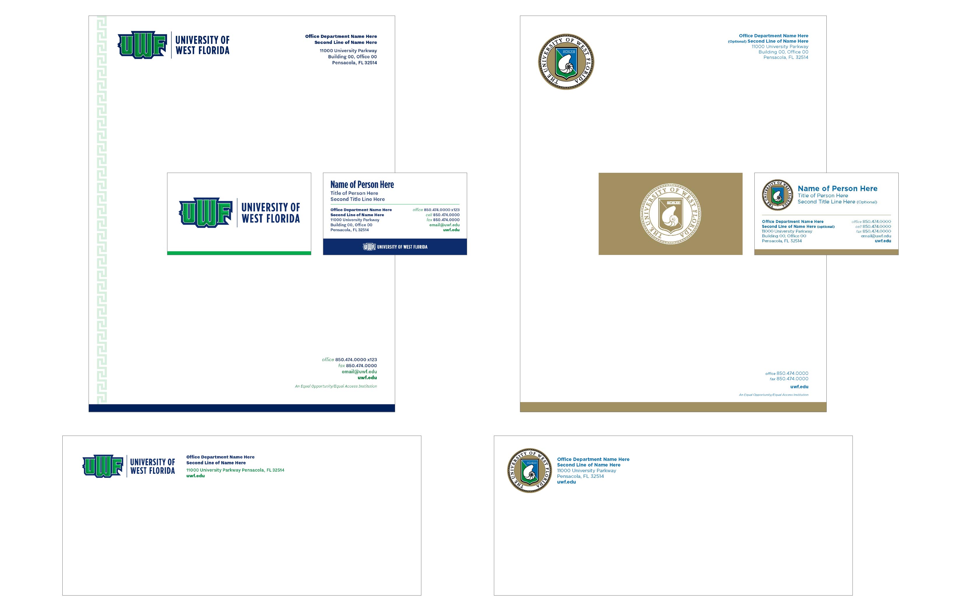UWF and UWF presidential seal branded letterheads, business cards, and envelopes.