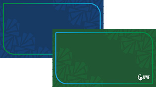 Graphic of two Zoom backgrounds, one blue and one green, with the UWF shell logo at the bottom right of each.