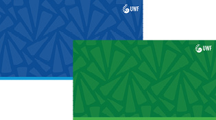 Graphic of two Zoom backgrounds, one blue and one green, with the UWF shell logo at the top right of each.