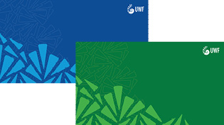 Graphic of two Zoom backgrounds, one blue and one green, with the UWF shell logo at the top right of each.