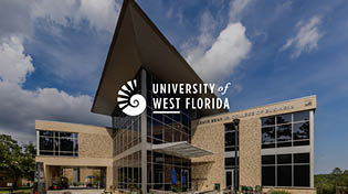 Building 76A on the UWF Pensacola campus. The photo has a University of West Florida logo signature overlay.