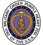 Circular emblem of the Military Order of the Purple Heart, featuring a purple heart with a profile of George Washington, surrounded by text and a crown at the top.