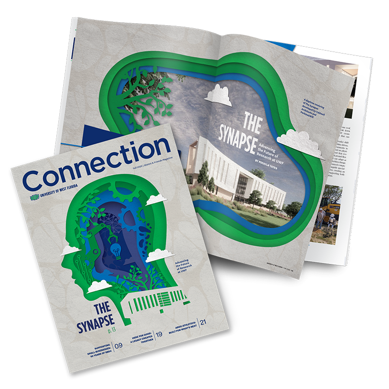 Two copies of the Fall 2026 Connection magazine with one copy showing the cover and the second copy opened showing the feature story page spread layout.