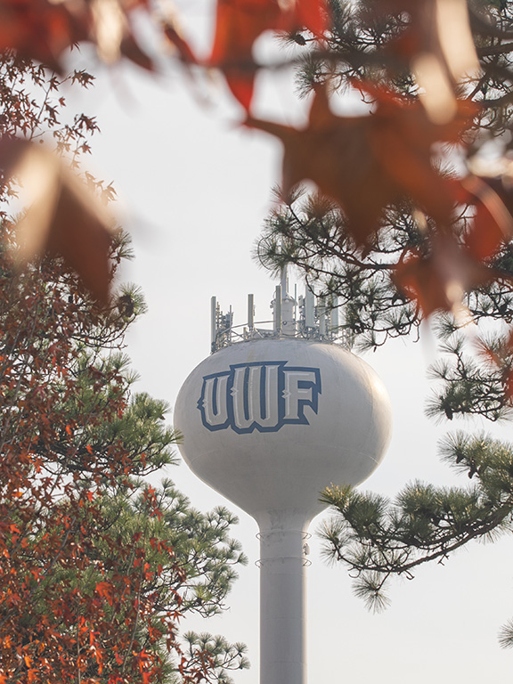 UWF water tower with fall color leaves