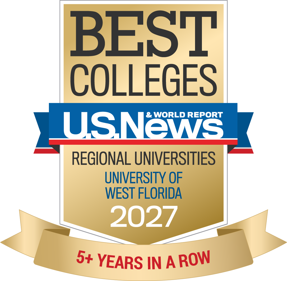 U.S. News and World Report Best Colleges Regional Universities University of West Florida South 2027 5+ Years in a Row badge.