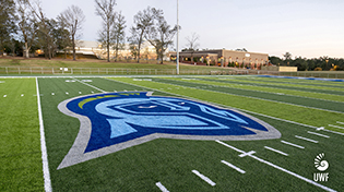 Close up of Argie's head painted on the 50 yard line at PenAir Field on the UWF Pensacola campus. The photo has a small UWF logo signature overlay in the bottom right.