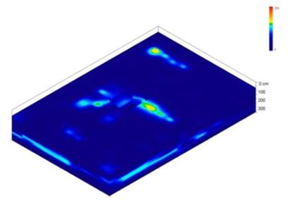 3D radar image showing subsurface features near the Daniel Sullivan marker in St. Michael's Cemetery, highlighting an unmarked burial in yellow and red.
