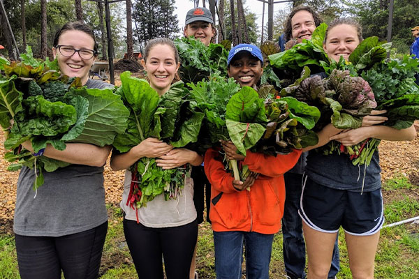 Volunteers standing with produce