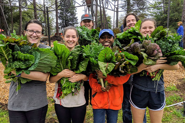 Students standing in the community garden