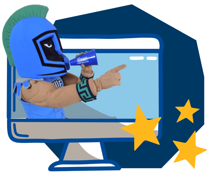 Argie jumping out of a computer monitor with a megaphone