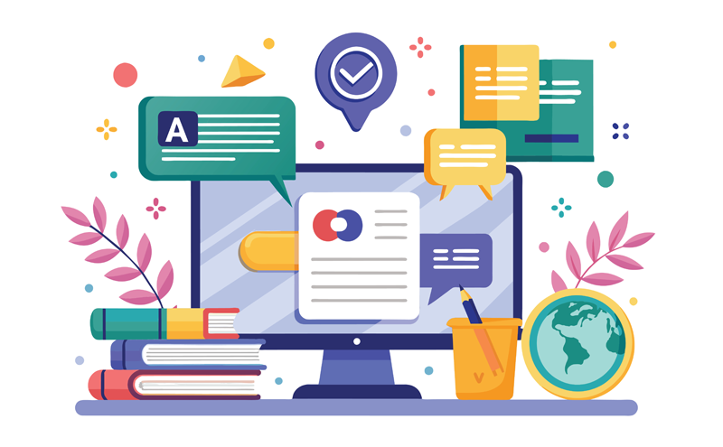 Colorful drawing of computer with books on table with task bubbles surrounding computer screen