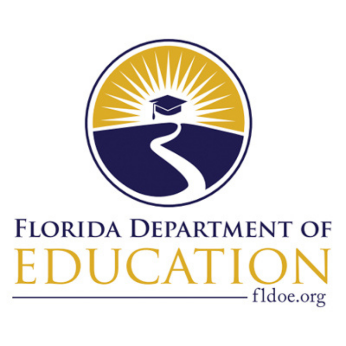 Florida Department of Education logo featuring a circular graphic with a road leading up to graduation cap in front of the sun and the fldoe.org URL below the text.
