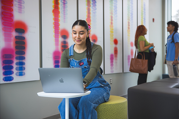 student sitting in common area or cafe with laptop