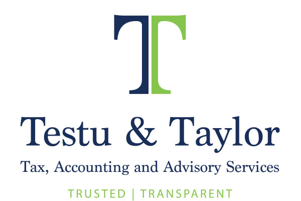 Testu and Taylor tax, accounting and advisory services logo signature in blue in green
