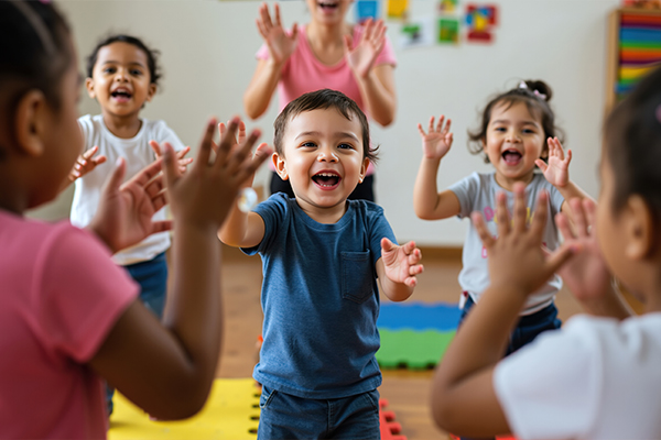 classroom with students celebrating another student walking