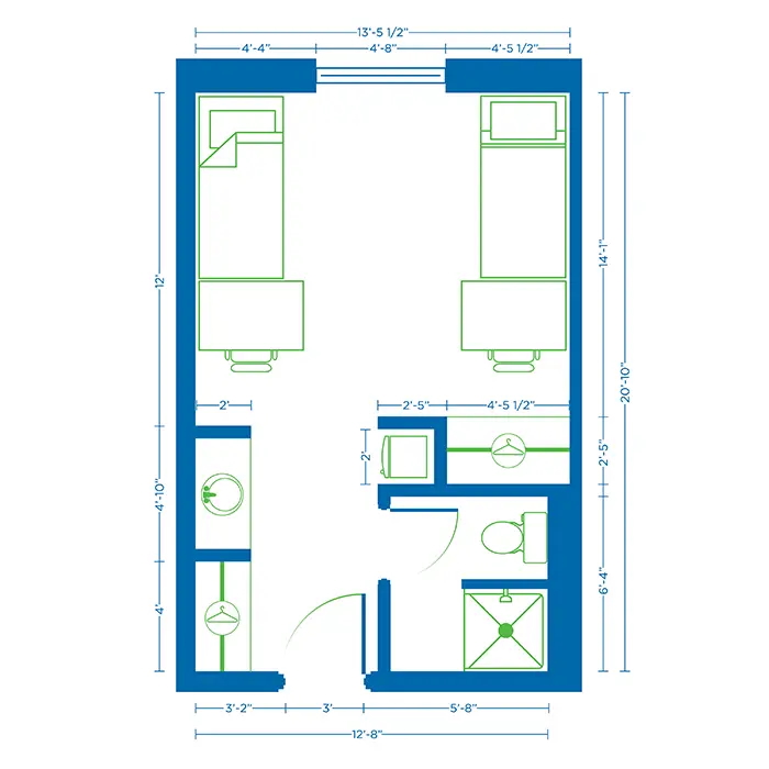 Blueprint showing college housing living space.