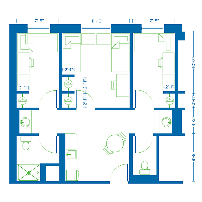 Blueprint showing college housing living space.