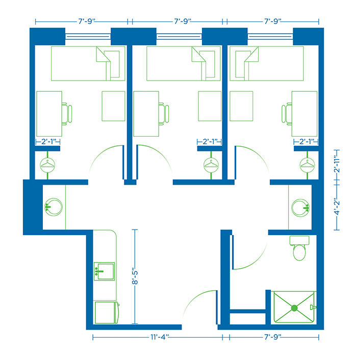 Blueprint showing college housing living space.